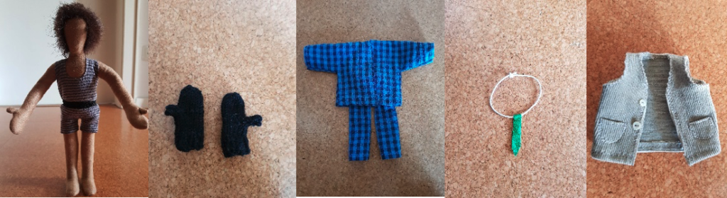 Anziehpuppe in Unterwäsche - Handschuhe - Schlafanzug - Krawatte - Weste